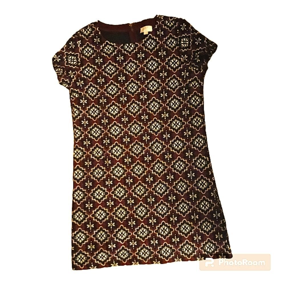 Loft Floral Geometric Shift Dress Size LP Black White Burgundy